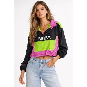 Hyper Space‎ NASA Neon Color Block Cropped Windbreaker Jacket Womens Small NWT